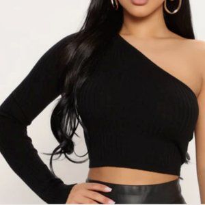 Women’s One Shoulder Long Sleeve Crop Top XL Black Gray Tie Dye Asymmetrical